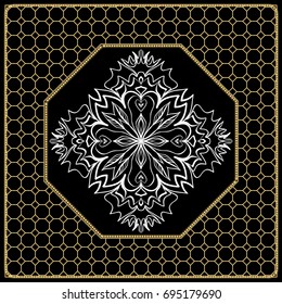 vector illustration. pattern with floral mandala, decorative border. design for print fabric, bandana. black, gold color