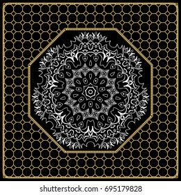 vector illustration. pattern with floral mandala, decorative border. design for print fabric, bandana. black, gold color