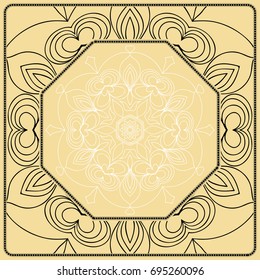 Vector illustration. Pattern with floral Mandala, Decorative Border. Design for print Fabric. Black, gold, white color