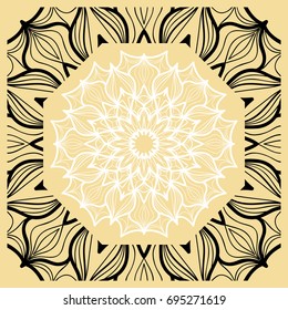 Vector illustration. Pattern with floral Mandala, Decorative Border. Design for print Fabric. Black, gold, white color