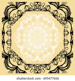 Vector illustration. Pattern with floral Mandala, Decorative Border. Design for print Fabric. Black, gold, white color