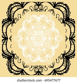 Vector illustration. Pattern with floral Mandala, Decorative Border. Design for print Fabric. Black, gold, white color