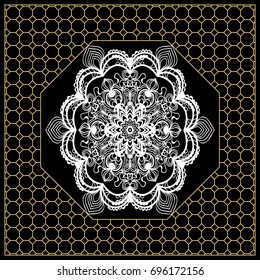 vector illustration. pattern with floral mandala, decorative border. design for print fabric, bandana. black, gold color
