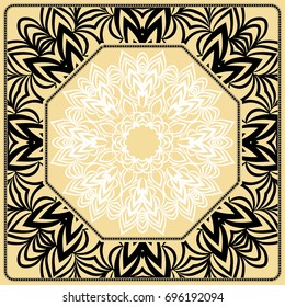 Vector illustration. Pattern with floral Mandala, Decorative Border. Design for print Fabric. Black, gold, white color