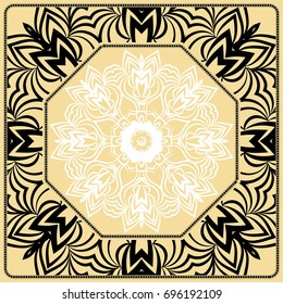 Vector illustration. Pattern with floral Mandala, Decorative Border. Design for print Fabric. Black, gold, white color