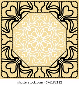 Vector illustration. Pattern with floral Mandala, Decorative Border. Design for print Fabric. Black, gold, white color