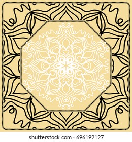 Vector illustration. Pattern with floral Mandala, Decorative Border. Design for print Fabric. Black, gold, white color
