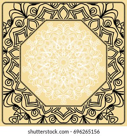 Vector illustration. Pattern with floral Mandala, Decorative Border. Design for print Fabric. Black, gold, white color