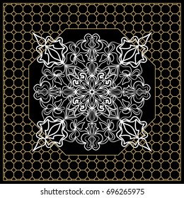 vector illustration. pattern with floral mandala, decorative border. design for print fabric, bandana. black, gold color