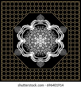 vector illustration. pattern with floral mandala, decorative border. design for print fabric, bandana. black, gold color