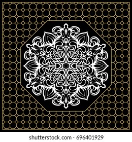 vector illustration. pattern with floral mandala, decorative border. design for print fabric, bandana. black, gold color