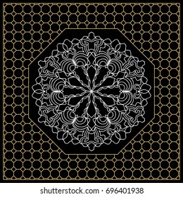 vector illustration. pattern with floral mandala, decorative border. design for print fabric, bandana. black, gold color