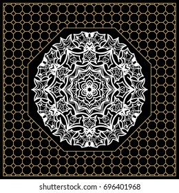 vector illustration. pattern with floral mandala, decorative border. design for print fabric, bandana. black, gold color