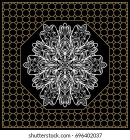 vector illustration. pattern with floral mandala, decorative border. design for print fabric, bandana. black, gold color