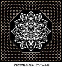 vector illustration. pattern with floral mandala, decorative border. design for print fabric, bandana. black, gold color
