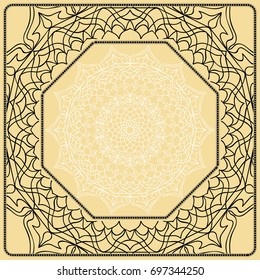 Vector illustration. Pattern with floral Mandala, Decorative Border. Design for print Fabric. Black, gold, white color