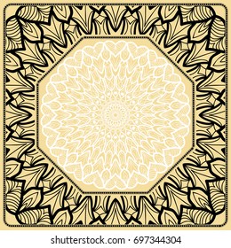 Vector illustration. Pattern with floral Mandala, Decorative Border. Design for print Fabric. Black, gold, white color