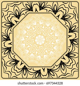 Vector illustration. Pattern with floral Mandala, Decorative Border. Design for print Fabric. Black, gold, white color