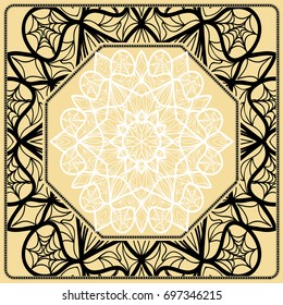 Vector illustration. Pattern with floral Mandala, Decorative Border. Design for print Fabric. Black, gold, white color