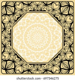 Vector illustration. Pattern with floral Mandala, Decorative Border. Design for print Fabric. Black, gold, white color