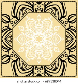 Vector illustration. Pattern with floral Mandala, Decorative Border. Design for print Fabric. Black, gold, white color