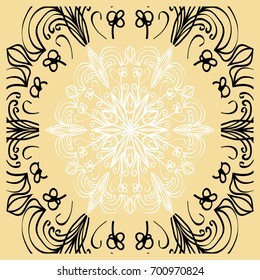 Vector illustration. Pattern with floral Mandala, Decorative Border. Design for print Fabric. Black, gold, white color
