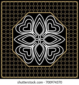vector illustration. pattern with floral mandala, decorative border. design for print fabric, bandana. black, gold color