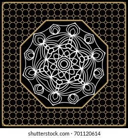 vector illustration. pattern with floral mandala, decorative border. design for print fabric, bandana. black, gold color