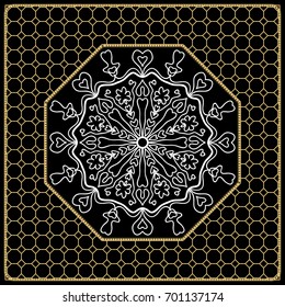 vector illustration. pattern with floral mandala, decorative border. design for print fabric, bandana. black, gold color