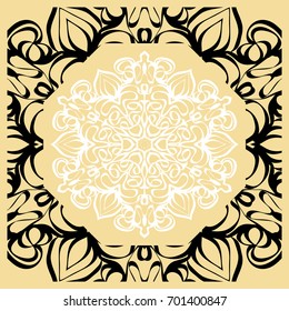 Vector illustration. Pattern with floral Mandala, Decorative Border. Design for print Fabric. Black, gold, white color