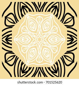 Vector illustration. Pattern with floral Mandala, Decorative Border. Design for print Fabric. Black, gold, white color
