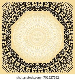 Vector illustration. Pattern with floral Mandala, Decorative Border. Design for print Fabric. Black, gold, white color