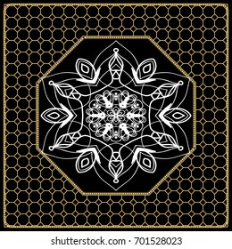 vector illustration. pattern with floral mandala, decorative border. design for print fabric, bandana. black, gold color