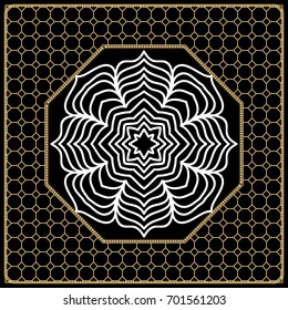 vector illustration. pattern with floral mandala, decorative border. design for print fabric, bandana. black, gold color