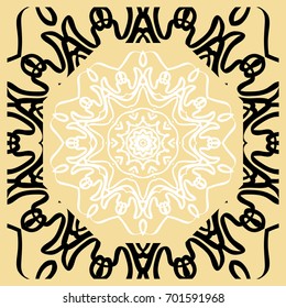 Vector illustration. Pattern with floral Mandala, Decorative Border. Design for print Fabric. Black, gold, white color