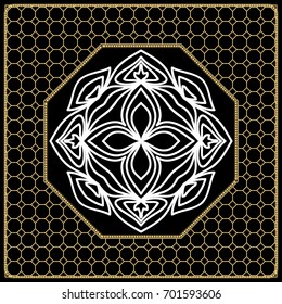 vector illustration. pattern with floral mandala, decorative border. design for print fabric, bandana. black, gold color