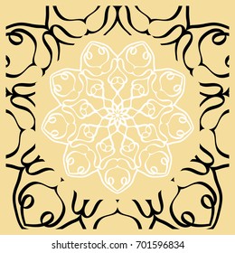 Vector illustration. Pattern with floral Mandala, Decorative Border. Design for print Fabric. Black, gold, white color