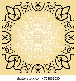 Vector illustration. Pattern with floral Mandala, Decorative Border. Design for print Fabric. Black, gold, white color