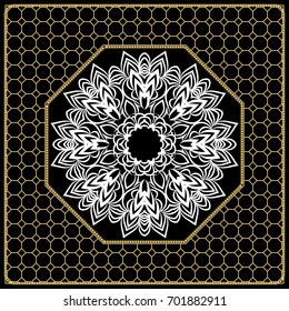vector illustration. pattern with floral mandala, decorative border. design for print fabric, bandana. black, gold color