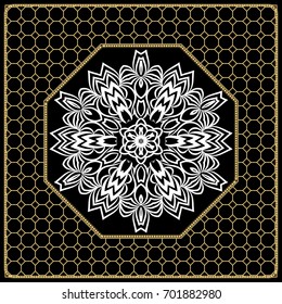 vector illustration. pattern with floral mandala, decorative border. design for print fabric, bandana. black, gold color