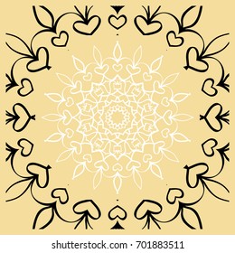 Vector illustration. Pattern with floral Mandala, Decorative Border. Design for print Fabric. Black, gold, white color