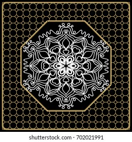 vector illustration. pattern with floral mandala, decorative border. design for print fabric, bandana. black, gold color