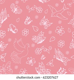 Vector illustration, a pattern of flowers, butterflies and birds. The work was done in manual mode. The background is pink, the objects are light.