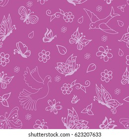 Vector illustration, a pattern of flowers, butterflies and birds. The work was done in manual mode. The background is lilac, the objects are light.