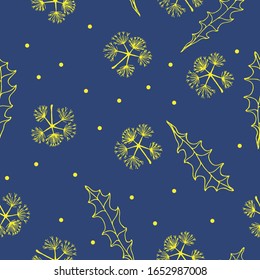 Vector illustration. Pattern of flowers and leaves of dandelions. Line art. Abstract background. Creative design element. Seamless texture for print, fabric, packaging, wallpaper. Blue.