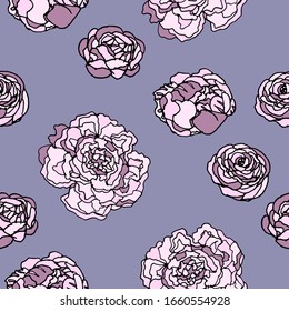 Vector illustration. Pattern of flowers and leaves of peonies. Line art. Abstract background. Creative design element. Seamless texture for print, fabric, packaging, wallpaper. Pink.