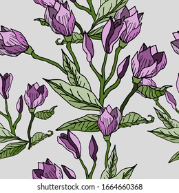 Vector illustration. Pattern of flowers and leaves of tulips. Line art. Botanical background. Creative design element. Seamless texture for print, fabric, packaging. Women's Day, Mother's Day.