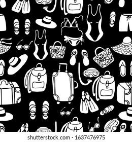  Vector illustration. Pattern in the form of summer clothes, shoes and accessories. Cute elements. Design of covers, prints, wrapping paper.
