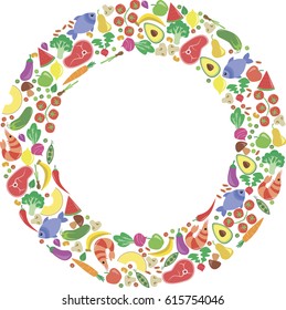 Vector Illustration Pattern Of Fruits, Vegetables, Meat and Seafood in Colorful Flat Cartoon Style in Shape of Circle
