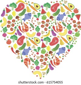 Vector Illustration Pattern Of Fruits, Vegetables, Meat and Seafood in Colorful Flat Cartoon Style in Shape of Heart